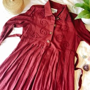 Vintage Red Long-Sleeve Midi Dress